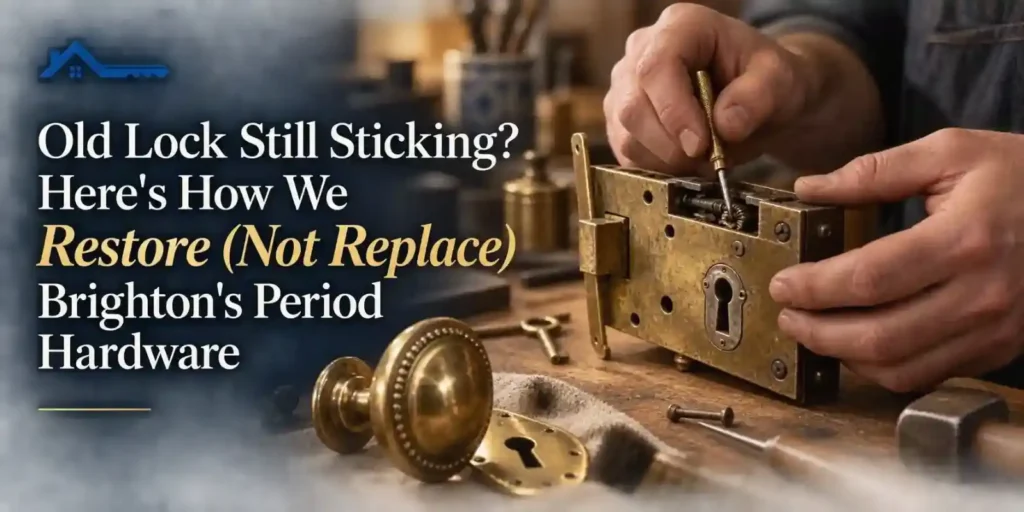Locksmith restoring an antique brass mortice lock on a workbench, with period door hardware and precision tools nearby