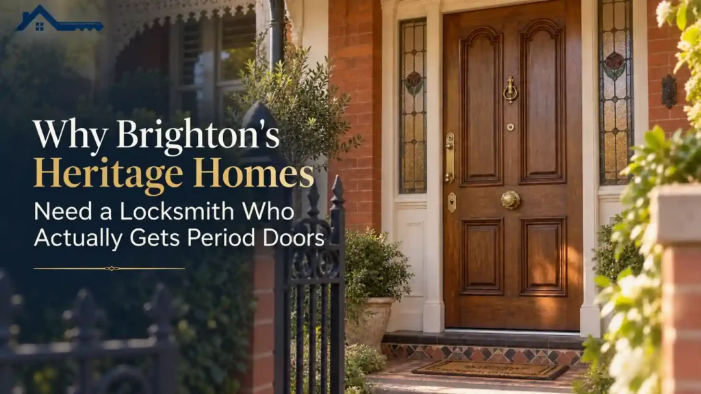 Brighton heritage home with an ornate timber front door, brass locks and leadlight windows